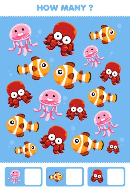 Education game for children searching and counting activity for preschool how many cute underwater animal clown fish jellyfish octopus