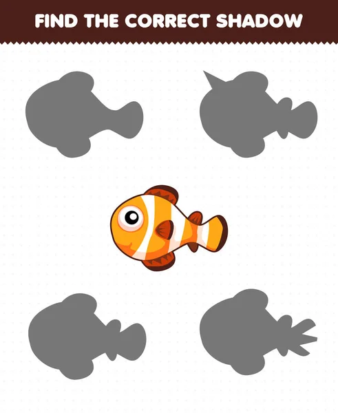 Education Game Children Find Correct Shadow Set Cute Fish — 스톡 벡터