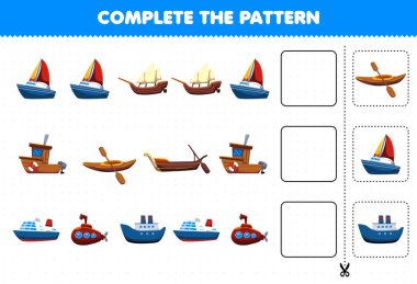 Education game for children complete the pattern logical thinking find the regularity and continue the row task with water transportation