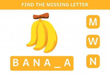 Education game for children find missing letter cute cartoon fruit banana worksheet