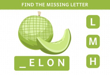 Education game for children find missing letter cute cartoon fruit melon worksheet
