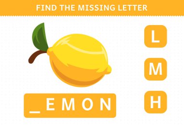 Education game for children find missing letter cute cartoon fruit lemon worksheet