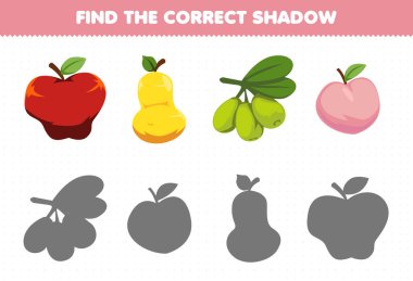 Education game for children find the correct shadow set of cartoon fruits apple pear olive peach