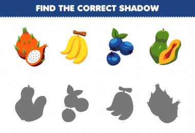 Education game for children find the correct shadow set of cartoon fruits banana blueberry papaya dragon fruit