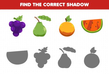 Education game for children find the correct shadow set of cartoon fruits grape guava orange watermelon