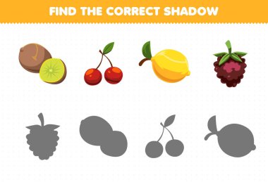Education game for children find the correct shadow set of cartoon fruits kiwi cherry lemon dewberries