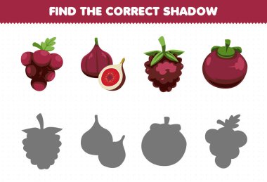 Education game for children find the correct shadow set of cartoon purple fruits grape fig dewberries mangosteen