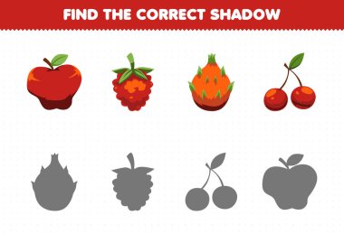 Education game for children find the correct shadow set of cartoon red fruits apple raspberries cherry dragon fruit