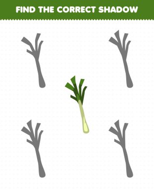 Education game for children find the correct shadow set of cartoon vegetable leek