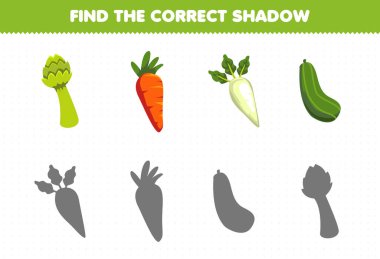 Education game for children find the correct shadow set of cartoon vegetables asparagus carrot daikon cucumber