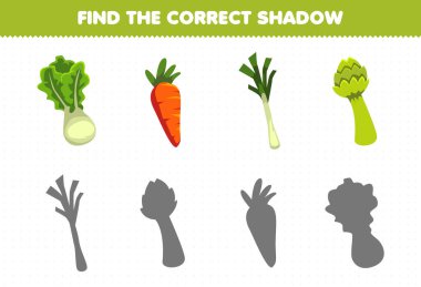 Education game for children find the correct shadow set of cartoon vegetables lettuce carrot leek asparagus