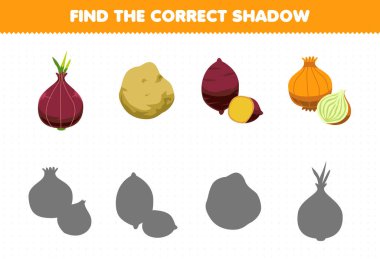 Education game for children find the correct shadow set of cartoon vegetables shallot potato yam onion