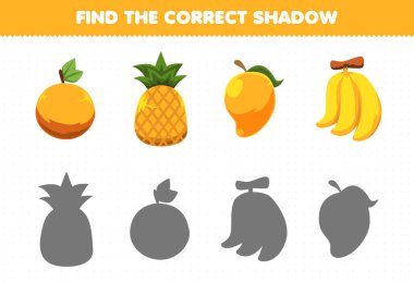 Education game for children find the correct shadow set of cartoon yellow fruits orange pineapple mango banana