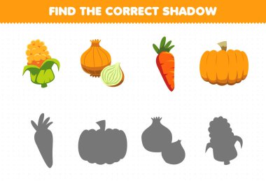 Education game for children find the correct shadow set of cartoon yellow vegetables corn onion carrot pumpkin