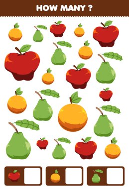 Education game for children searching and counting activity for preschool how many cartoon fruits apple orange guava