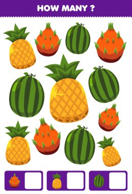 Education game for children searching and counting activity for preschool how many cartoon fruits pineapple watermelon dragon fruit