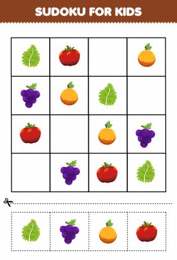 Education game for children sudoku for kids with cartoon fruits and vegetables kale tomato orange grape picture