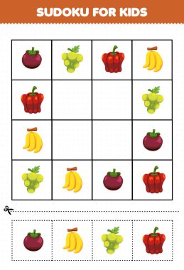 Education game for children sudoku for kids with cartoon fruits and vegetables mangosteen grape paprika banana picture