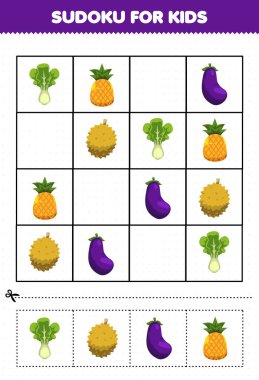 Education game for children sudoku for kids with cartoon fruits and vegetables pineapple eggplant durian picture