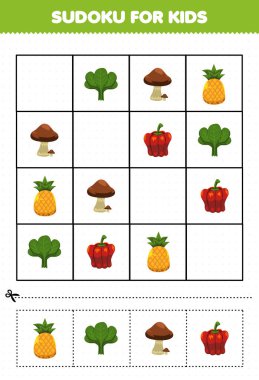 Education game for children sudoku for kids with cartoon fruits and vegetables spinach mushroom pineapple paprika picture