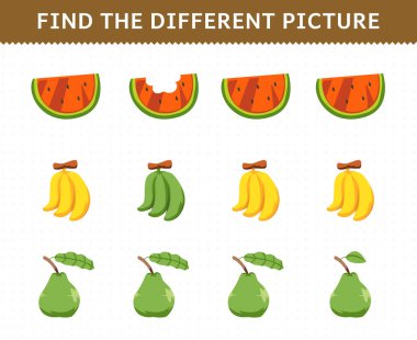 Education game for children find the different picture in each row fruits watermelon banana guava