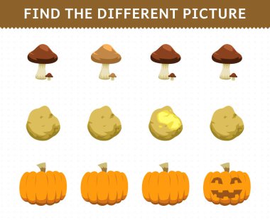 Education game for children find the different picture in each row vegetables mushroom potato pumpkin