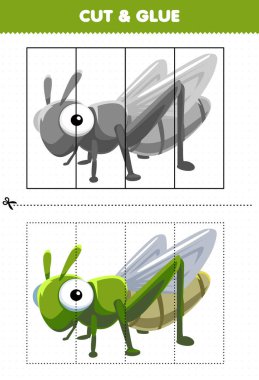 Education game for children cut and glue with cute cartoon animal grasshopper