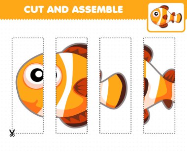 Education game for children cutting practice and assemble puzzle with cute cartoon animal fish