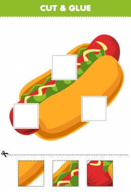 Education game for children cut and glue cut parts of cute cartoon food hotdog and glue them printable worksheet