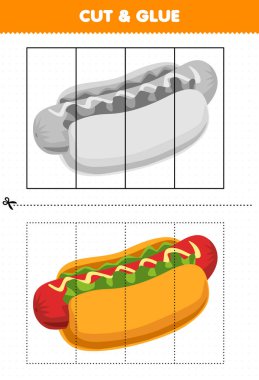 Education game for children cut and glue with cartoon food hotdog