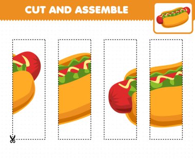 Education game for children cutting practice and assemble puzzle with cartoon food hotdog