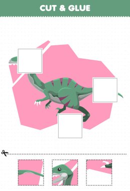 Education game for children cut and glue cut parts of cute cartoon prehistoric dinosaur velociraptor and glue them printable worksheet