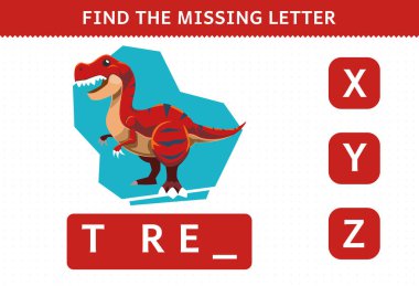 Education game for children find missing letter cartoon prehistoric dinosaur tyrannosaurus rex worksheet