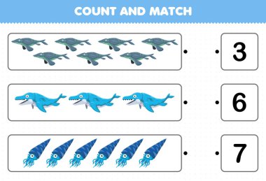 Education game for children count and match count the number of cartoon prehistoric water dinosaur and match with the right numbers printable worksheet