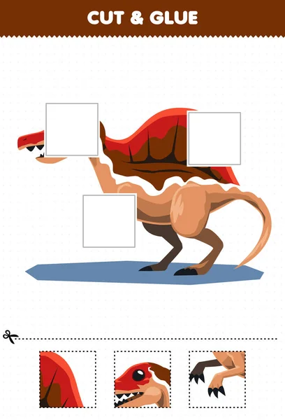 子供のための教育ゲームかわいい漫画先史時代の恐竜スピノサウルスの切断と接着剤の部分とそれらの印刷可能なワークシートを接着 — ストックベクタ