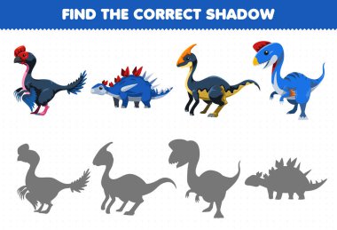 Education game for children find the correct shadow set of cute cartoon prehistoric blue dinosaur