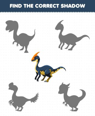 Education game for children find the correct shadow set of cute cartoon prehistoric dinosaur parasaurolophus