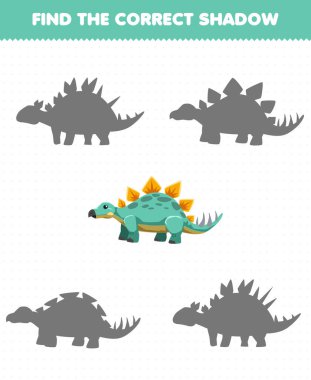 Education game for children find the correct shadow set of cute cartoon prehistoric dinosaur stegosaurus