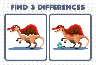 Education game for children find three differences between two cute prehistoric dinosaur spinosaurus
