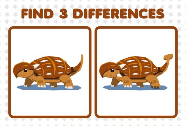 Education game for children find three differences between two cute prehistoric dinosaur ankylosaurus