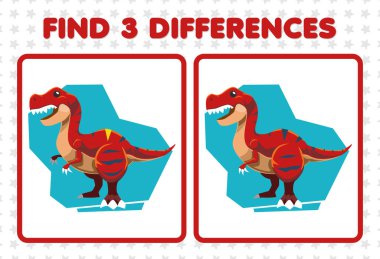 Education game for children find three differences between two cute prehistoric dinosaur tyrannosaurus