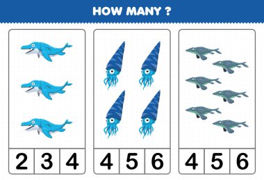 Education game for children counting how many cute cartoon prehistoric water dinosaur