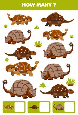 Education game for children searching and counting activity for preschool how many cartoon prehistoric hard skin dinosaur ankylosaurus doedicurus nodosaurus