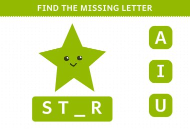Education game for children find missing letter cartoon geometric shape star worksheet