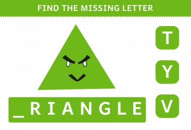 Education game for children find missing letter cartoon geometric shape triangle worksheet