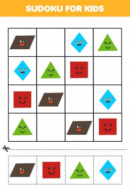 Education game for children sudoku for kids with cute cartoon geometric shape parallelogram square triangle rhombus picture