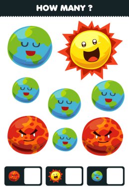 Education game for children searching and counting how many objects cute cartoon solar system planet earth mars sun