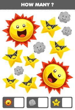 Education game for children searching and counting how many objects cute cartoon solar system planet sun star