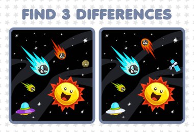 Education game for children find three differences between two cute cartoon solar system comet sun ufo