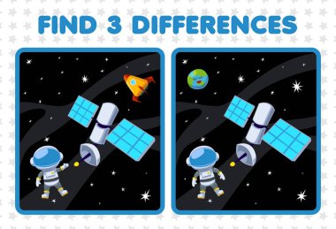 Education game for children find three differences between two cute cartoon solar system satellite astronaut earth planet rocket